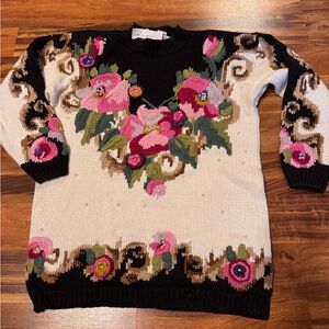 Floral Knit Sweater - Black and Cream